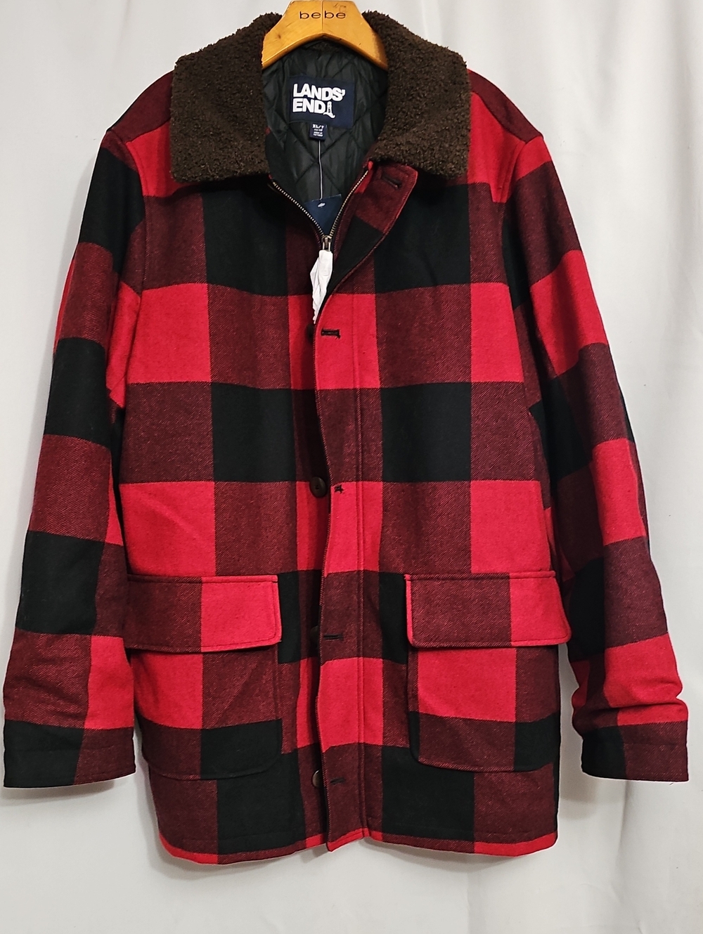 Lands' End Wool Blend Barn Coat Men's XLT 46-48 Tall Buffalo Check Red New $240